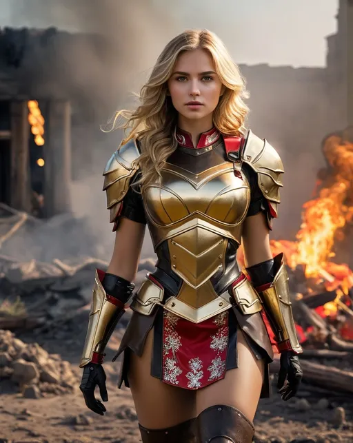 Prompt: 1girl, mid 20s, long wavy gold blonde hair, hyper-realistic, detailed hair, detailed face, wearing a warrior like leather armor, bronze colored leather armor, with red and white ornaments, a red and white miniskirt, warrior like mini skirt, (((leather materials))), stunning, sultry, gorgeous, ((exotic)), pretty, extraordinary feminine, natural vibrant colors, confident, intriguing, captivating, professional lighting, realistic colors, photorealism, ((full-body character design)), high detail, realistic, posing, standing, (((award winning photo, professional realistic lighting, bokeh, UHD, 8k))), ((outside, battlefield, landscape, ruined, dirt, smoke, fire, black, moody, earthy tones, dramatic shadows, dark, night like)), (((realistic)))