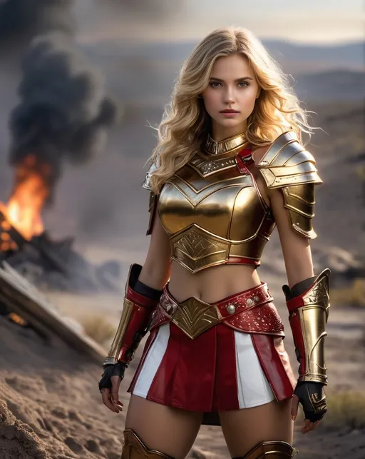 Prompt: 1girl, mid 20s, long wavy gold blonde hair, hyper-realistic, detailed hair, detailed face, wearing a warrior like leather armor, bronze colored leather armor, with red and white ornaments, a red and white miniskirt, warrior like mini skirt, (((leather materials))), stunning, sultry, gorgeous, ((exotic)), pretty, extraordinary feminine, natural vibrant colors, confident, intriguing, captivating, professional lighting, realistic colors, photorealism, ((full-body character design)), high detail, realistic, posing, standing, (((award winning photo, professional realistic lighting, bokeh, UHD, 8k))), ((outside, battlefield, landscape, ruined, dirt, smoke, fire, black, moody, earthy tones, dramatic shadows, dark, night like)), (((realistic)))