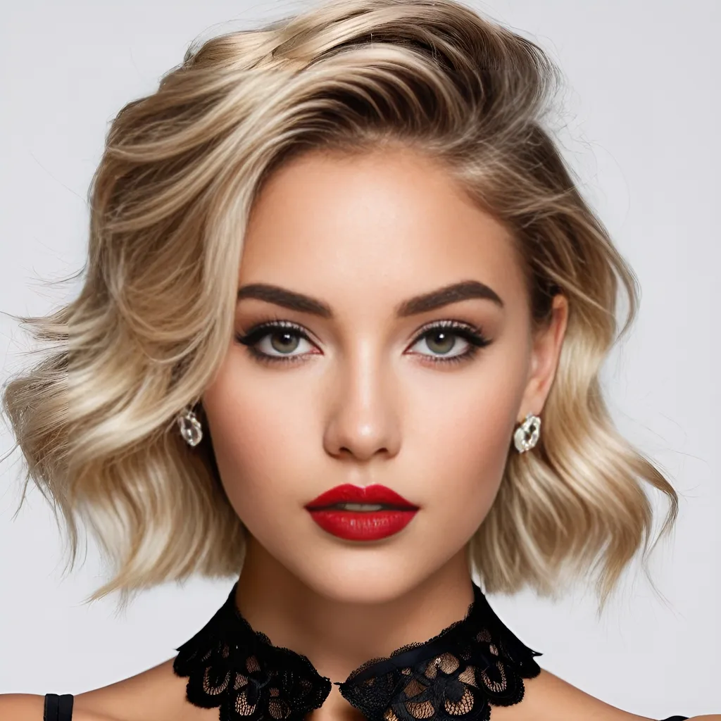 Prompt: hyper realistic, college girl, slightly tanned, short layered messy blonde-beige hair, bold black winged eyeliner, bold glossy red lipstick, huge hoop earrings, black lace collar, sensual, captivating looks, intricate facial details, ultra detailed realistic skin, detailed hair, buxom, white studio background