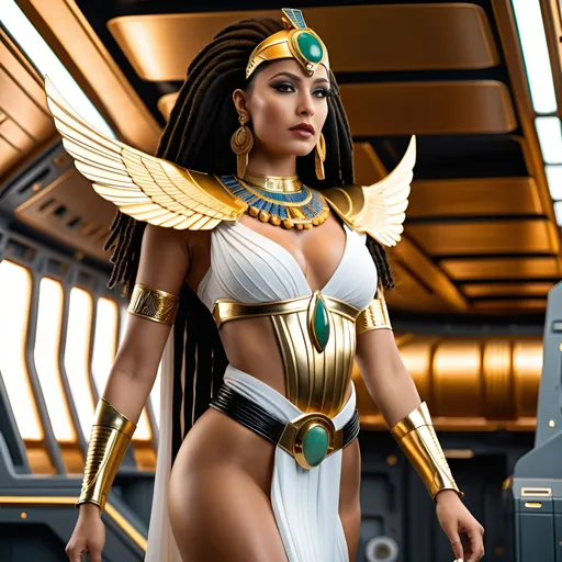 Prompt: Female rogue trader Egyptian goddess style, standing on the battle-bridge of a sci-fi future space cruiser battleship.
Long black-brown dreadlock hairstyle, wide deep brown eyes, bold long eyelashes, bold black Egyptian style winged eyeliner, Egyptian style makeup, warm glossy full lips, greek style nose, large golden tribal earrings and ornaments. Intense regal like expression, confident yet graceful.
Wearing an Egyptian goddess like gold-white-jade outfit. Gold plated warrior like brown leather sandals.
Elegant yet athletic body type, warm amber colored skin complexion. Revealing extra large cleavage, buxom.
Professional lighting, realistic colors, photo-realistic, hyper-realistic, full-body character design, high detail, UHD, 8k, realistic.
Posing, standing (full view))