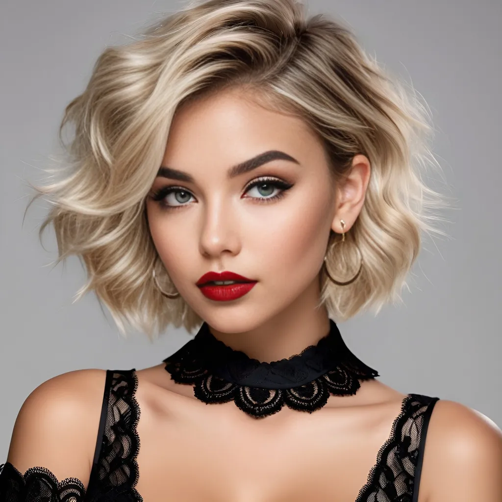 Prompt: hyper realistic, college girl, slightly tanned, short layered messy blonde-beige hair, bold black winged eyeliner, bold glossy red lipstick, huge hoop earrings, black lace collar, sensual, captivating looks, intricate facial details, ultra detailed realistic skin, detailed hair, buxom, white studio background