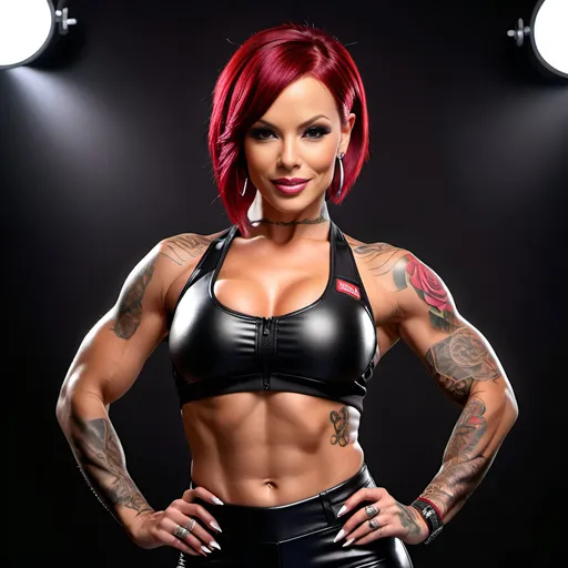Prompt: realistic photo of stunning Anna Bell Peaks, bulked up muscle goddess in black sport suit as bodybuilder, sport artistic pose, dark red bob cut short hair, rose themed tattoos, nose piercing, large hoop earrings, bold thick winged eyeliner, revealing extra large cleavage, warm smile, advertising style, black metallic pvc leather materials, backlit black studio background, professional lighting, realistic colors, photorealism 3D rendering, full-body character design, a 2 meter distance from camera full body picture, high detail, UHD, 8k, realistic, 3D
