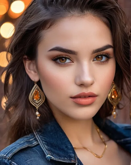 Prompt: 1girl, brick wall, denim, earrings, jacket, jewelry, leather, leather jacket, lips, long hair, looking at viewer, asymmetrical bulbous nose, photo \(medium\), realistic, solo, ((very detailed face)), ((very detailed and realistic eyes)), beautiful symmetric face, (mixed brown and orange colored eyes), very full big lips, beautiful classic makeup, full lips, (detailed lips), realistic eyebrows, beautiful classic makeup, giant statement earrings, necklaces, bracelets, jewelry, Eve Ryder, superflat, model, a character portrait, stunning, sultry, gorgeous, ((exotic)), pretty, extraordinary feminine, natural vibrant colors, confident, intriguing, captivating, professional lighting, realistic colors, photorealism, high detail, realistic, (((award winning photo, professional realistic lighting, bokeh, UHD, 8k))), (((head shot))), (closeup, portrait)