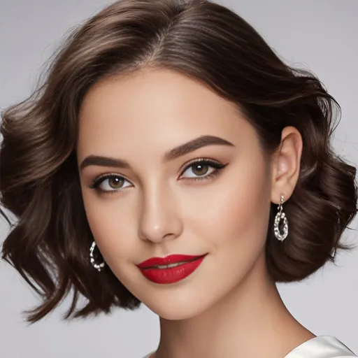 Prompt: hyper-realistic photo of a beautiful 22 year old girl with medium long wavy glossy brunette hair, subtle black winged eyeliner, minimal makeup, glossy lipstick, extra large earrings. warm smile, advertising style, sensual, captivating looks.