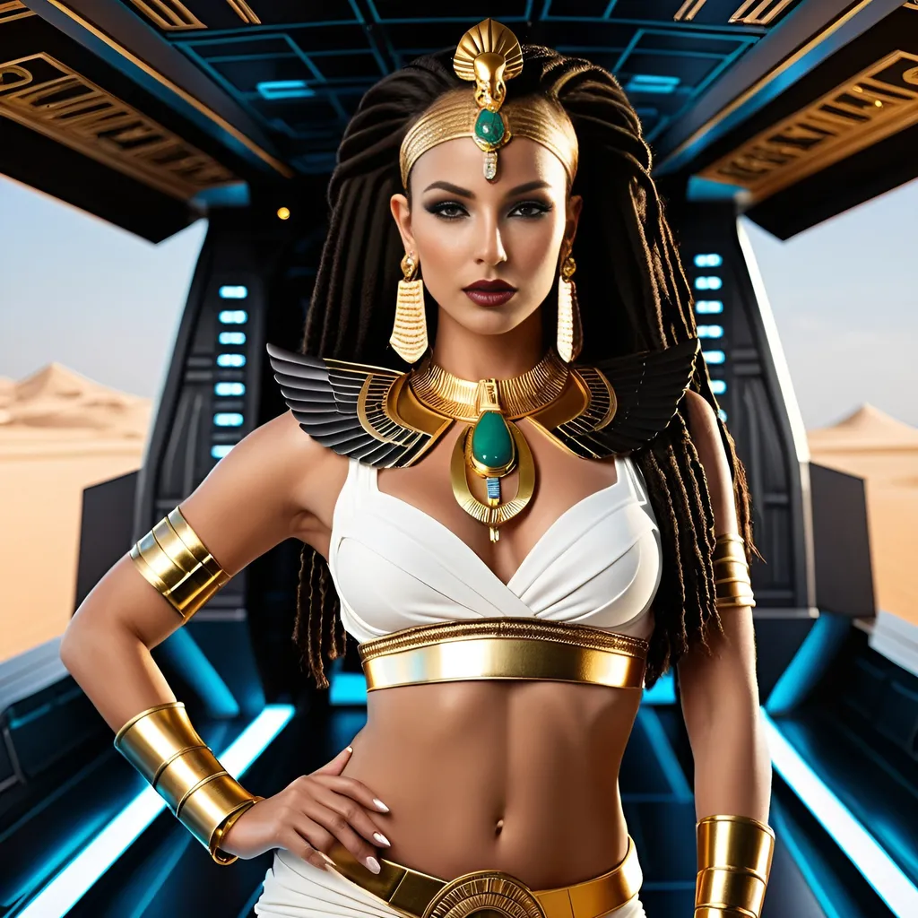 Prompt: Female rogue trader Egyptian goddess style, standing on the battle-bridge of a sci-fi future space cruiser battleship.
Long black-brown dreadlock hairstyle, wide deep brown eyes, bold long eyelashes, bold black Egyptian style winged eyeliner, Egyptian style makeup, warm glossy full lips, Greek style nose, large golden tribal earrings and ornaments. Intense regal like expression, confident yet graceful. Feminine sensual captivating looks.
Wearing an Egyptian goddess like gold-white-jade outfit. Gold plated warrior like brown leather sandals.
Elegant yet athletic body type, warm amber colored skin complexion. Revealing extra large cleavage, buxom.
Professional lighting, realistic colors, photo-realistic, hyper-realistic, full-body character design, high detail, UHD, 8k, realistic.
Posing, standing (full view))