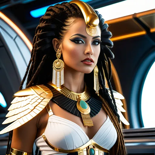 Prompt: Female rogue trader Egyptian goddess style, standing on the battle-bridge of a sci-fi future space cruiser battleship.
Long black-brown dreadlock hairstyle, wide deep brown eyes, bold long eyelashes, bold black Egyptian style winged eyeliner, Egyptian style makeup, warm glossy full lips, greek style nose, large golden tribal earrings and ornaments. Intense regal like expression, confident yet graceful.
Wearing an Egyptian goddess like gold-white-jade outfit. Gold plated warrior like brown leather sandals.
Elegant yet athletic body type, warm amber colored skin complexion. Revealing extra large cleavage, buxom.