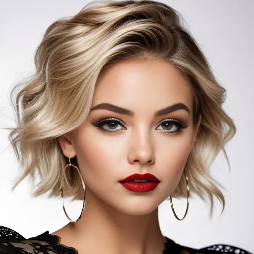 Prompt: hyper realistic, college girl, slightly tanned, short layered messy blonde-beige hair, bold black winged eyeliner, bold glossy red lipstick, huge hoop earrings, black lace collar, sensual, captivating looks, intricate facial details, ultra detailed realistic skin, detailed hair, buxom, white studio background