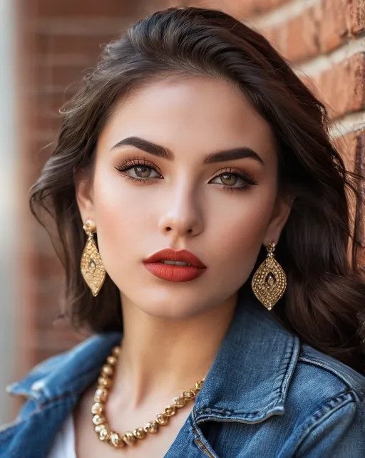 Prompt: 1girl, brick wall, denim, earrings, jacket, jewelry, leather, leather jacket, lips, long hair, looking at viewer, asymmetrical bulbous nose, photo \(medium\), realistic, solo, ((very detailed face)), ((very detailed and realistic eyes)), beautiful symmetric face, (mixed brown and orange colored eyes), very full big lips, beautiful classic makeup, full lips, (detailed lips), realistic eyebrows, beautiful classic makeup, giant statement earrings, necklaces, bracelets, jewelry, Eve Ryder, superflat, model, a character portrait, stunning, sultry, gorgeous, ((exotic)), pretty, extraordinary feminine, natural vibrant colors, confident, intriguing, captivating, professional lighting, realistic colors, photorealism, high detail, realistic, (((award winning photo, professional realistic lighting, bokeh, UHD, 8k))), (((head shot))), (closeup, portrait)