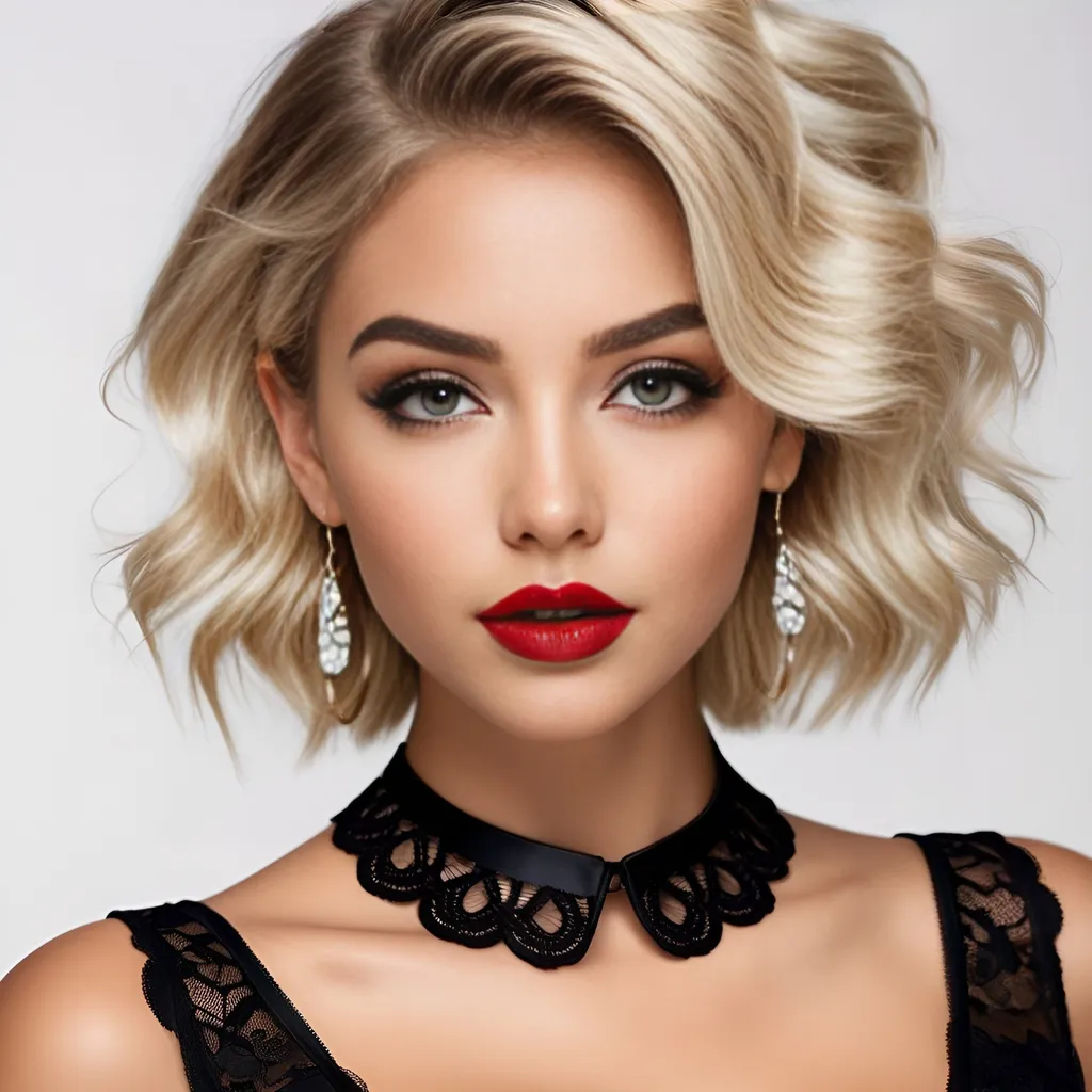 Prompt: hyper realistic, college girl, slightly tanned, short layered messy blonde-beige hair, bold black winged eyeliner, bold glossy red lipstick, huge hoop earrings, black lace collar, sensual, captivating looks, intricate facial details, ultra detailed realistic skin, detailed hair, buxom, white studio background