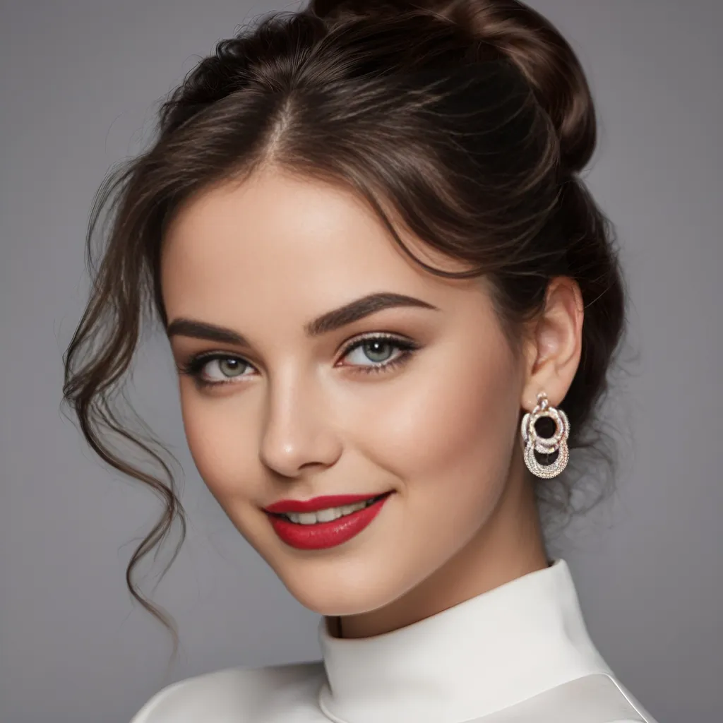 Prompt: hyper-realistic photo of a beautiful 22 year old girl with medium long wavy glossy brunette hair, subtle black winged eyeliner, minimal makeup, glossy lipstick, extra large earrings. warm smile, advertising style, sensual, captivating looks.