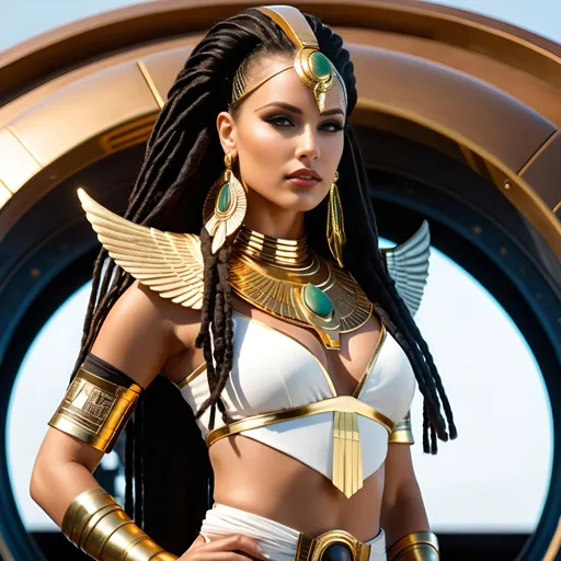 Prompt: Female rogue trader Egyptian goddess style, standing on the battle-bridge of a sci-fi future space cruiser battleship.
Long black-brown dreadlock hairstyle, wide deep brown eyes, bold long eyelashes, bold black Egyptian style winged eyeliner, Egyptian style makeup, warm glossy full lips, greek style nose, large golden tribal earrings and ornaments. Intense regal like expression, confident yet graceful.
Wearing an Egyptian goddess like gold-white-jade outfit. Gold plated warrior like brown leather sandals.
Elegant yet athletic body type, warm amber colored skin complexion. Revealing extra large cleavage, buxom.
Professional lighting, realistic colors, photo-realistic, hyper-realistic, full-body character design, high detail, UHD, 8k, realistic.
Posing, standing (full view))