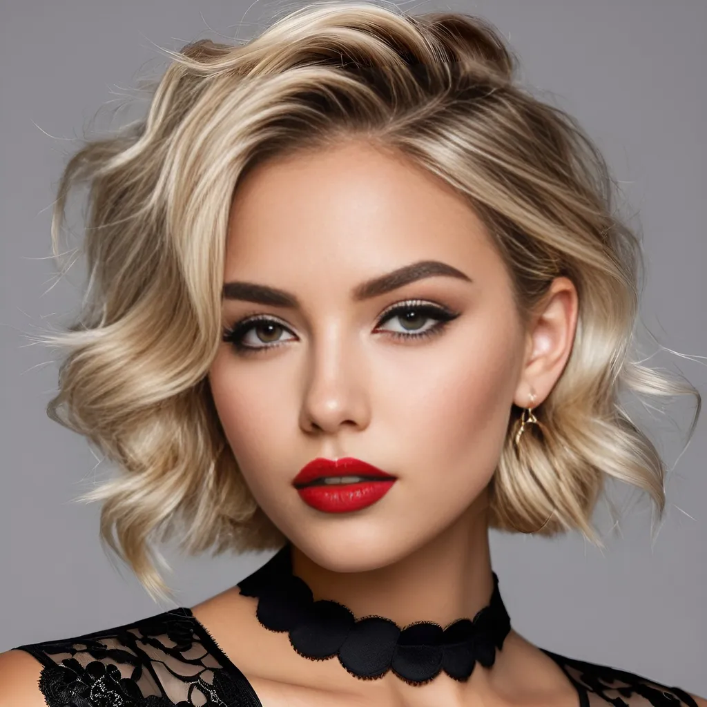 Prompt: hyper realistic, college girl, slightly tanned, short layered messy blonde-beige hair, bold black winged eyeliner, bold glossy red lipstick, huge hoop earrings, black lace collar, sensual, captivating looks, intricate facial details, ultra detailed realistic skin, detailed hair, buxom, white studio background