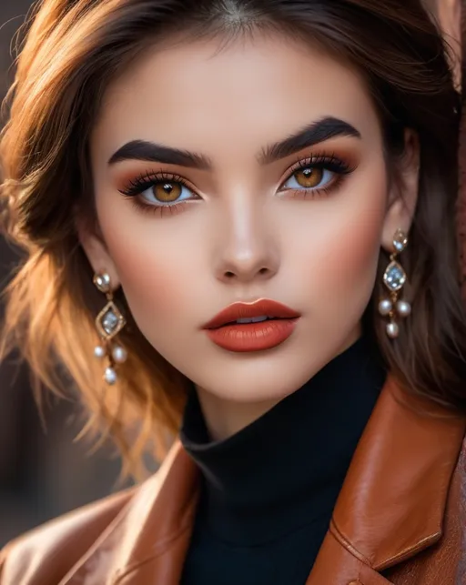 Prompt: 1girl, brick wall, denim, earrings, jacket, jewelry, leather, leather jacket, lips, long hair, looking at viewer, asymmetrical bulbous nose, photo \(medium\), realistic, solo, ((very detailed face)), ((very detailed and realistic eyes)), beautiful symmetric face, (mixed brown and orange colored eyes), very full big lips, beautiful classic makeup, full lips, (detailed lips), realistic eyebrows, beautiful classic makeup, giant statement earrings, necklaces, bracelets, jewelry, Eve Ryder, superflat, model, a character portrait, stunning, sultry, gorgeous, ((exotic)), pretty, extraordinary feminine, natural vibrant colors, confident, intriguing, captivating, professional lighting, realistic colors, photorealism, high detail, realistic, (((award winning photo, professional realistic lighting, bokeh, UHD, 8k))), (((head shot))), (closeup, portrait)