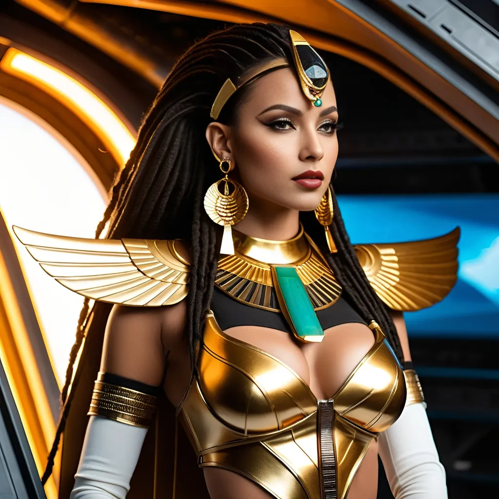 Prompt: Female rogue trader Egyptian goddess style, standing on the battle-bridge of a sci-fi future space cruiser battleship.
Long black-brown dreadlock hairstyle, wide deep brown eyes, bold long eyelashes, bold black Egyptian style winged eyeliner, Egyptian style makeup, warm glossy full lips, greek style nose, large golden tribal earrings and ornaments. Intense regal like expression, confident yet graceful.
Wearing an Egyptian goddess like gold-white-jade outfit.
Elegant yet athletic body type, warm amber colored skin complexion. Revealing extra large cleavage, buxom.