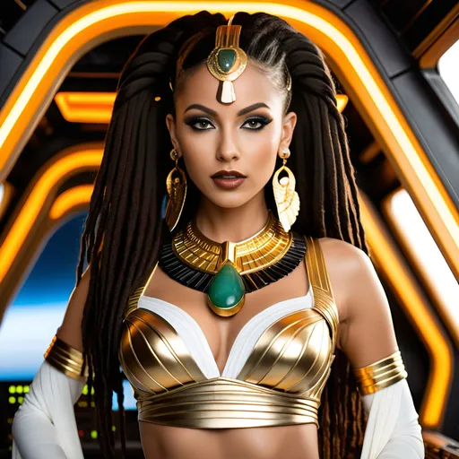 Prompt: Female rogue trader Egyptian goddess style, standing on the battle-bridge of a sci-fi future space cruiser battleship.
Long black-brown dreadlock hairstyle, wide deep brown eyes, bold long eyelashes, bold black Egyptian style winged eyeliner, Egyptian style makeup, warm glossy full lips, greek style nose, large golden tribal earrings and ornaments. Intense regal like expression, confident yet graceful.
Wearing an Egyptian goddess like gold-white-jade outfit.
Elegant yet athletic body type, warm amber colored skin complexion. Revealing extra large cleavage, buxom.