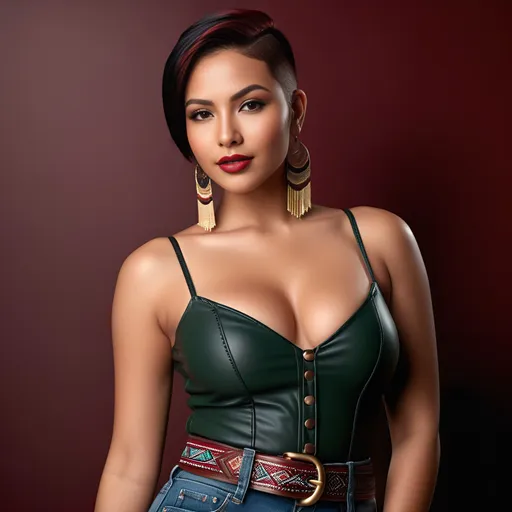 Prompt: Hyper-realistic photo of a dreamgirl, a 2 meter distance from camera full body picture.
She's from Italian-Philippines-Native American heritage. Amber tanned skin.
Short spiky side shaved hairstyle. Black-red colored hair. Wearing multiple tribal style ear-piercings. Thick eyebrow shape. Deep green-red eyes. Subtle winged black eyeliner. Minimal makeup. High cheekbones, perfect square face, distinctively defined nose, wide thick plump full lips. Glossy wine red lipstick. Warm smile, advertising style, sensual, captivating looks. Curvy type figure, athletic body.
She's wearing a black spaghetti strap top and skin tight blue jeans with a brown tribal style belt.
Professional lighting, realistic colors, photo-realistic 3D rendering, full-body character design, high detail, UHD, 8k, realistic, 3D.
Posing, standing, brown-red backlit studio background.