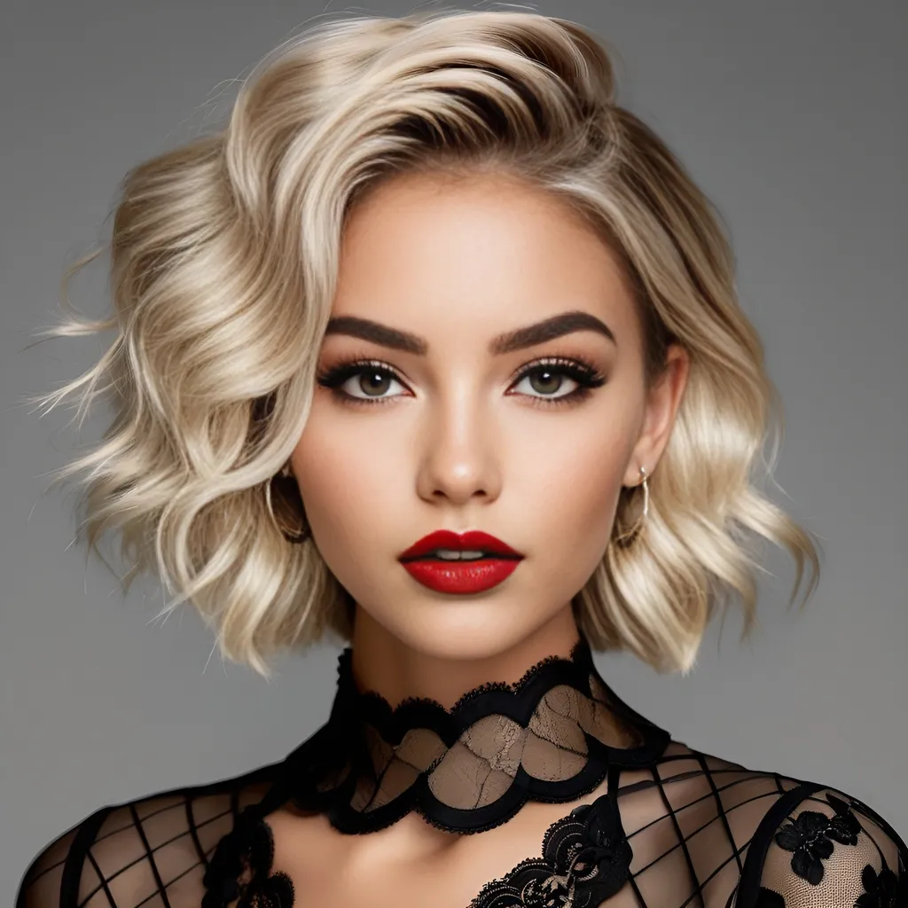 Prompt: hyper realistic, college girl, slightly tanned, short layered messy blonde-beige hair, bold black winged eyeliner, bold glossy red lipstick, huge hoop earrings, black lace collar, sensual, captivating looks, intricate facial details, ultra detailed realistic skin, detailed hair, buxom, white studio background