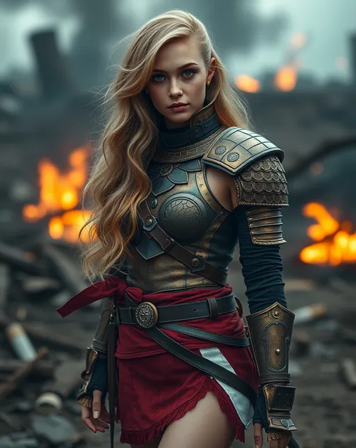 Prompt: 1girl, mid 20s, long wavy gold blonde hair, hyper-realistic, detailed hair, detailed face, wearing a warrior like leather armor, bronze colored leather armor, with red and white ornaments, a red and white miniskirt, warrior like mini skirt, (((leather materials))), stunning, sultry, gorgeous, ((exotic)), pretty, extraordinary feminine, natural vibrant colors, confident, intriguing, captivating, professional lighting, realistic colors, photorealism, ((full-body character design)), high detail, realistic, posing, standing, (((award winning photo, professional realistic lighting, bokeh, UHD, 8k))), ((outside, battlefield, landscape, ruined, dirt, smoke, fire, black, moody, earthy tones, dramatic shadows, dark, night like)), (((realistic)))