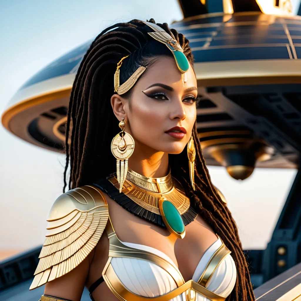 Prompt: Female rogue trader Egyptian goddess style, standing on the battle-bridge of a sci-fi future space cruiser battleship.
Long black-brown dreadlock hairstyle, wide deep brown eyes, bold long eyelashes, bold black Egyptian style winged eyeliner, Egyptian style makeup, warm glossy full lips, Greek style nose, large golden tribal earrings and ornaments. Intense regal like expression, confident yet graceful. Feminine sensual captivating looks.
Wearing an Egyptian goddess like gold-white-jade outfit. Gold plated warrior like brown leather sandals.
Elegant yet athletic body type, warm amber colored skin complexion. Revealing extra large cleavage, buxom.
Professional lighting, realistic colors, photo-realistic, hyper-realistic, full-body character design, high detail, UHD, 8k, realistic.
Posing, standing (full view))