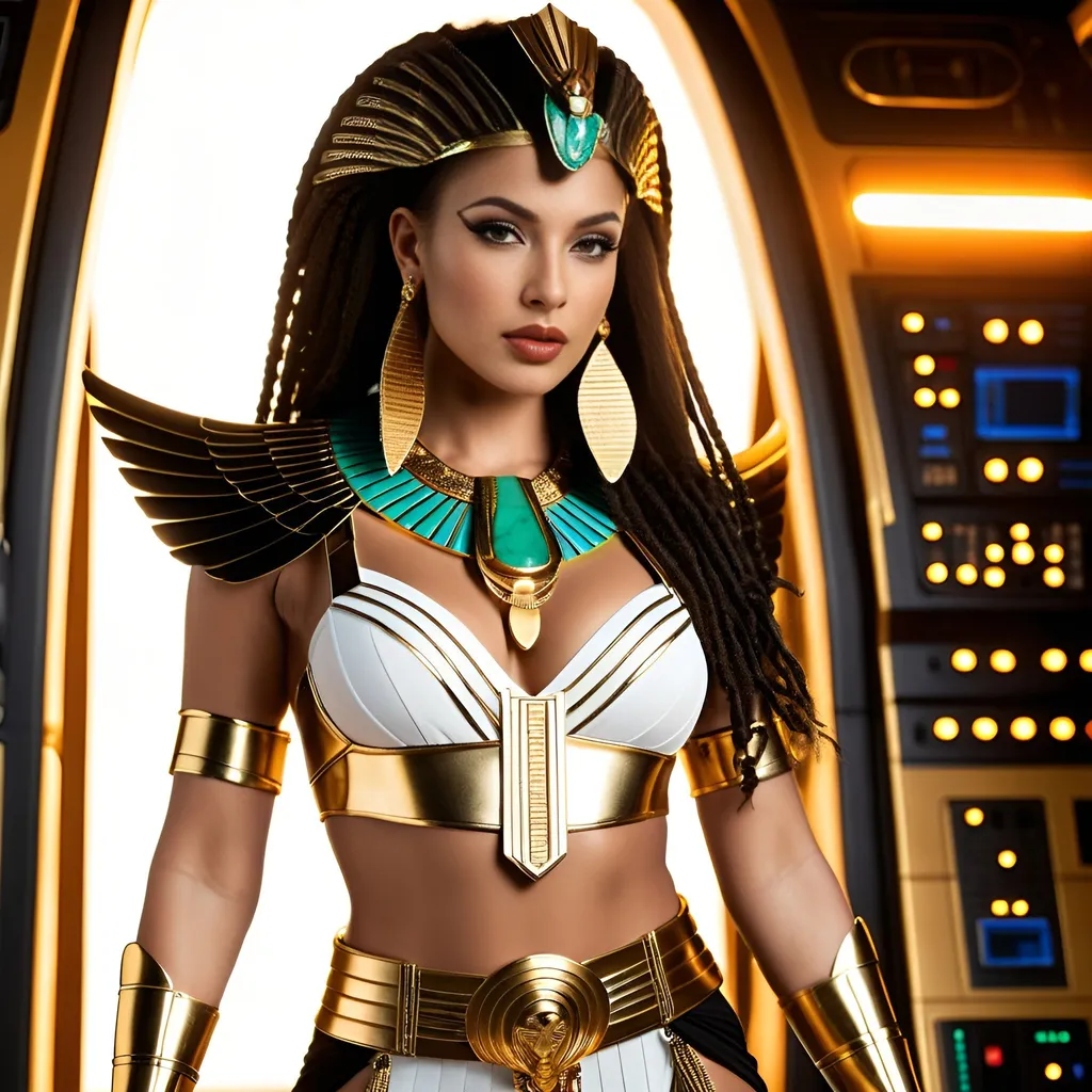 Prompt: Female rogue trader Egyptian goddess style, standing on the battle-bridge of a sci-fi future space cruiser battleship.
Long black-brown dreadlock hairstyle, wide deep brown eyes, bold long eyelashes, bold black Egyptian style winged eyeliner, Egyptian style makeup, warm glossy full lips, Greek style nose, large golden tribal earrings and ornaments. Intense regal like expression, confident yet graceful. Feminine sensual captivating looks.
Wearing an Egyptian goddess like gold-white-jade outfit. Gold plated warrior like brown leather sandals.
Elegant yet athletic body type, warm amber colored skin complexion. Revealing extra large cleavage, buxom.
Professional lighting, realistic colors, photo-realistic, hyper-realistic, full-body character design, high detail, UHD, 8k, realistic.
Posing, standing (full view))