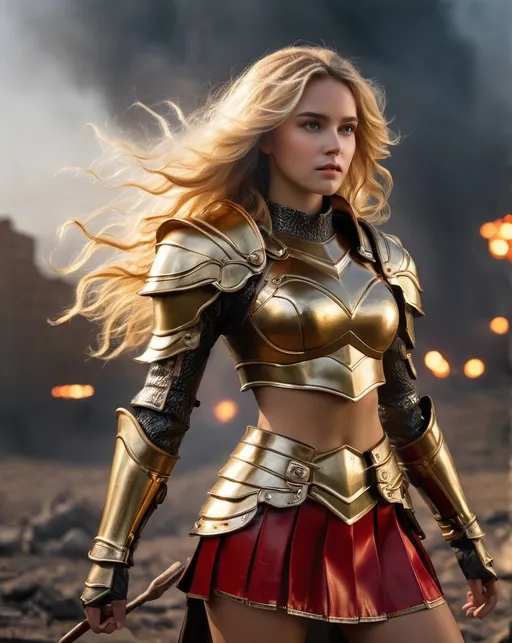 Prompt: 1girl, mid 20s, long wavy gold blonde hair, hyper-realistic, detailed hair, detailed face, wearing a warrior like leather armor, bronze colored leather armor, with red and white ornaments, a red and white miniskirt, warrior like mini skirt, (((leather materials))), stunning, sultry, gorgeous, ((exotic)), pretty, extraordinary feminine, natural vibrant colors, confident, intriguing, captivating, professional lighting, realistic colors, photorealism, ((full-body character design)), high detail, realistic, posing, standing, (((award winning photo, professional realistic lighting, bokeh, UHD, 8k))), ((outside, battlefield, landscape, ruined, dirt, smoke, fire, black, moody, earthy tones, dramatic shadows, dark, night like)), (((realistic)))