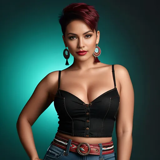 Prompt: Hyper-realistic photo of a dreamgirl, a 2 meter distance from camera full body picture.
She's from Italian-Philippines-Native American heritage. Amber tanned skin.
Short spiky side shaved hairstyle. Black-red colored hair. Wearing multiple tribal style ear-piercings. Thick eyebrow shape. Deep green-red eyes. Subtle winged black eyeliner. Minimal makeup. High cheekbones, perfect square face, distinctively defined nose, wide thick plump full lips. Glossy wine red lipstick. Warm smile, advertising style, sensual, captivating looks. Curvy type figure, athletic body.
She's wearing a black spaghetti strap top and skin tight blue jeans with a brown tribal style belt.
Professional lighting, realistic colors, photo-realistic 3D rendering, full-body character design, high detail, UHD, 8k, realistic, 3D.
Posing, standing, brown-red backlit studio background.