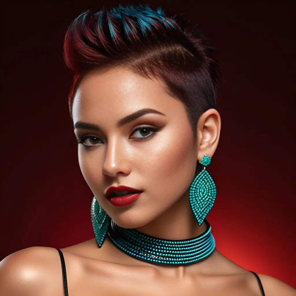 Prompt: Hyper-realistic photo of a dreamgirl, a 2 meter distance from camera full body picture.
She's from Italian-Philippines-Native American heritage. Amber tanned skin.
Short spiky side shaved hairstyle. Black-red colored hair. Wearing multiple tribal style ear-piercings. Thick eyebrow shape. Deep green-red eyes. Subtle winged black eyeliner. Minimal makeup. High cheekbones, perfect square face, distinctively defined nose, wide thick plump full lips. Glossy wine red lipstick. Warm smile, advertising style, sensual, captivating looks. Curvy type figure, athletic body.
She's wearing a black spaghetti strap top and skin tight blue jeans with a brown tribal style belt.
Professional lighting, realistic colors, photo-realistic 3D rendering, full-body character design, high detail, UHD, 8k, realistic, 3D.
Posing, standing, brown-red backlit studio background.