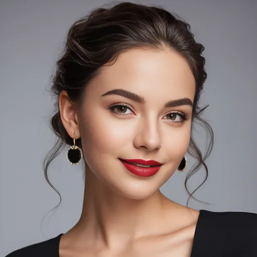 Prompt: hyper-realistic photo of a beautiful 22 year old girl with medium long wavy glossy brunette hair, subtle black winged eyeliner, minimal makeup, glossy lipstick, extra large earrings. warm smile, advertising style, sensual, captivating looks.