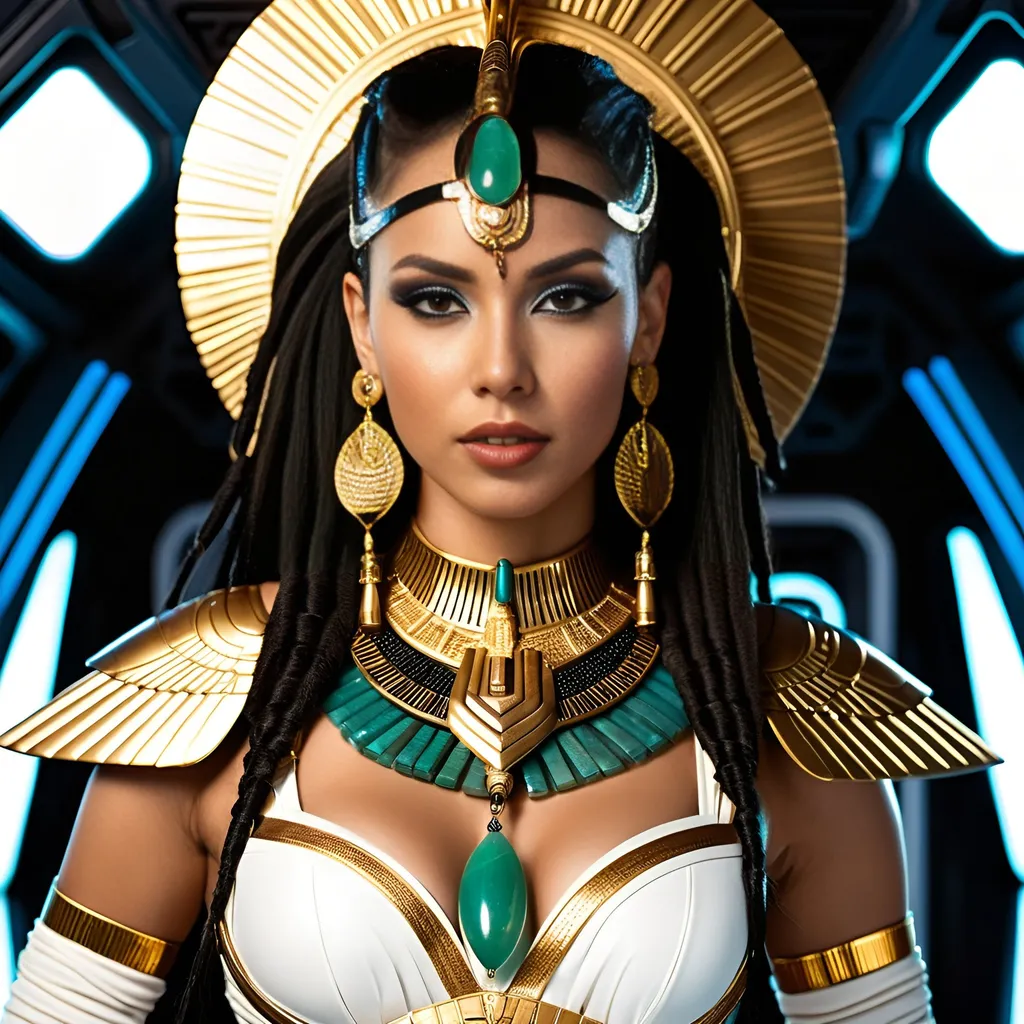 Prompt: Female rogue trader Egyptian goddess style, standing on the battle-bridge of a sci-fi future space cruiser battleship.
Long black-brown dreadlock hairstyle, wide deep brown eyes, bold long eyelashes, bold black Egyptian style winged eyeliner, Egyptian style makeup, warm glossy full lips, greek style nose, large golden tribal earrings and ornaments. Intense regal like expression, confident yet graceful.
Wearing an Egyptian goddess like gold-white-jade outfit.
Elegant yet athletic body type, warm amber colored skin complexion.