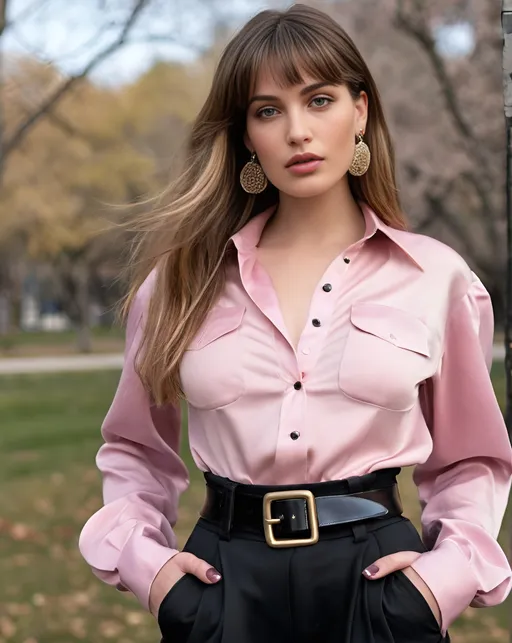 Prompt: ((full view)) picture of a beautiful babe posing in the park, real world, spring time, natural vibrant colors.
Long gold brown hair with blonde highlights, long choppy hairstyle with bangs, detailed hair, gorgeous mane of silky shiny hair. Perfect oval shaped face, blue-brown eyes, small sized nose is scooped with a turned-up tip with visible nostrils, wide glossy lips, bold thick black winged eyeliner, natural makeup, extra large earrings.
Super model, hourglass figure, curvy body,intricate facial details, ultra detailed realistic skin.
Wearing a ALAÏA cropped gathered taffeta pink blouse and ALAÏA archetypes belted wool-flannel wide-leg black pants, with The Attico black cosmo sandals.