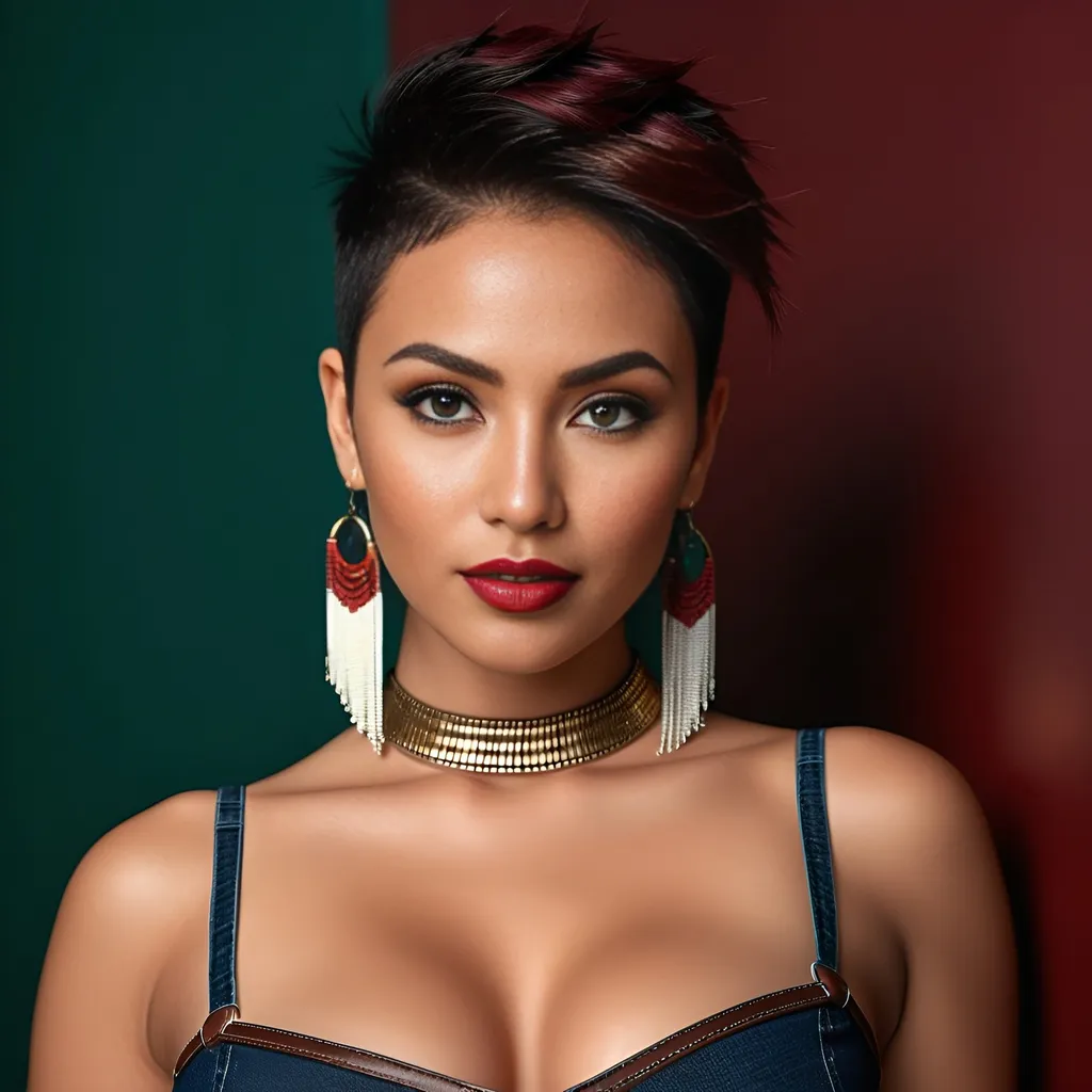 Prompt: Hyper-realistic photo of a dreamgirl, a 2 meter distance from camera full body picture.
She's from Italian-Philippines-Native American heritage. Amber tanned skin.
Short spiky side shaved hairstyle. Black-red colored hair. Wearing multiple tribal style ear-piercings. Thick eyebrow shape. Deep green-red eyes. Subtle winged black eyeliner. Minimal makeup. High cheekbones, perfect square face, distinctively defined nose, wide thick plump full lips. Glossy wine red lipstick. Warm smile, advertising style, sensual, captivating looks. Curvy type figure, athletic body.
She's wearing a black spaghetti strap top and skin tight blue jeans with a brown tribal style belt.
Professional lighting, realistic colors, photo-realistic 3D rendering, full-body character design, high detail, UHD, 8k, realistic, 3D.
Posing, standing, brown-red backlit studio background.