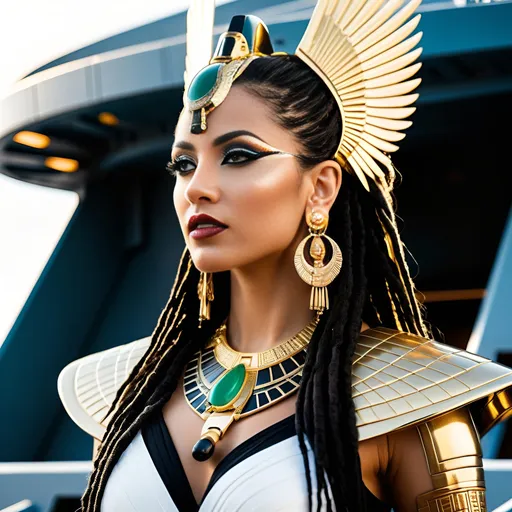 Prompt: Female rogue trader Egyptian goddess style, standing on the battle-bridge of a sci-fi future space cruiser battleship.
Long black-brown dreadlock hairstyle, wide deep brown eyes, bold long eyelashes, bold black Egyptian style winged eyeliner, Egyptian style makeup, warm glossy full lips, greek style nose, large golden tribal earrings and ornaments. Intense regal like expression, confident yet graceful.
Wearing an Egyptian goddess like gold-white-jade outfit.