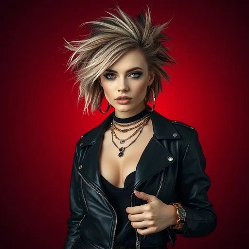 Prompt: (((full view))), a woman in a leather jacket and leggings posing for a picture, (((messy very wild angular edgy teased ratty slightly curly asymmetrical hair style))), (((mixed blonde and black hair color))), Swedish, mid 20s, large busom, (mixed brown and green colored eyes), beautiful classic makeup,  giant statement earrings, necklaces, bracelets, jewelry, Eve Ryder, superflat, model, a character portrait, dark red backlit professional studio background, stunning, sultry, gorgeous, ((exotic)), pretty, extraordinary feminine, natural vibrant colors, confident, intriguing, captivating, professional lighting, realistic colors, photorealism, ((full-body character design)), high detail, realistic, posing, standing, (((award winning photo, professional realistic lighting, bokeh, UHD, 8k))), (((full view)))