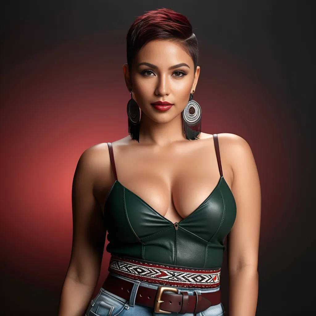 Prompt: Hyper-realistic photo of a dreamgirl, a 2 meter distance from camera full body picture.
She's from Italian-Philippines-Native American heritage. Amber tanned skin.
Short spiky side shaved hairstyle. Black-red colored hair. Wearing multiple tribal style ear-piercings. Thick eyebrow shape. Deep green-red eyes. Subtle winged black eyeliner. Minimal makeup. High cheekbones, perfect square face, distinctively defined nose, wide thick plump full lips. Glossy wine red lipstick. Warm smile, advertising style, sensual, captivating looks. Curvy type figure, athletic body.
She's wearing a black spaghetti strap top and skin tight blue jeans with a brown tribal style belt.
Professional lighting, realistic colors, photo-realistic 3D rendering, full-body character design, high detail, UHD, 8k, realistic, 3D.
Posing, standing, brown-red backlit studio background.