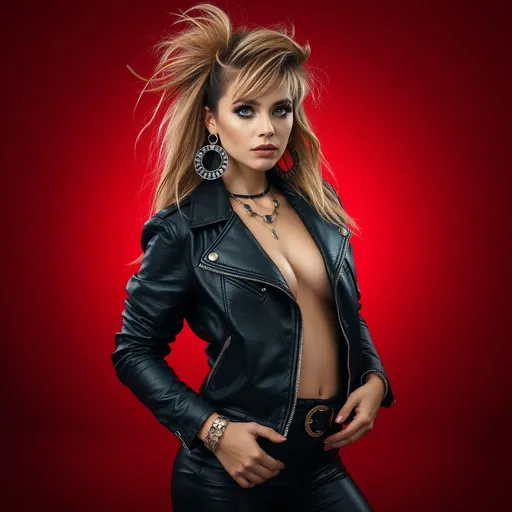 Prompt: (((full view))), a woman in a leather jacket and leggings posing for a picture, (((messy very wild angular edgy teased ratty slightly curly asymmetrical hair style))), (((mixed blonde and black hair color))), Swedish, mid 20s, large busom, (mixed brown and green colored eyes), beautiful classic makeup,  giant statement earrings, necklaces, bracelets, jewelry, Eve Ryder, superflat, model, a character portrait, dark red backlit professional studio background, stunning, sultry, gorgeous, ((exotic)), pretty, extraordinary feminine, natural vibrant colors, confident, intriguing, captivating, professional lighting, realistic colors, photorealism, ((full-body character design)), high detail, realistic, posing, standing, (((award winning photo, professional realistic lighting, bokeh, UHD, 8k))), (((full view)))