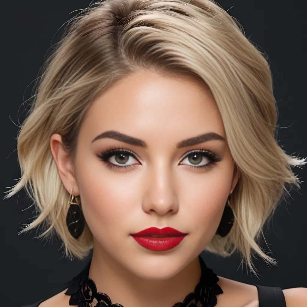 Prompt: hyper realistic, college girl, slightly tanned, short layered messy blonde-beige hair, bold black winged eyeliner, bold glossy red lipstick, huge hoop earrings, black lace collar, sensual, captivating looks, intricate facial details, ultra detailed realistic skin, detailed hair, buxom, white studio background