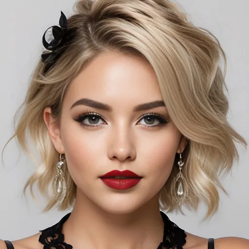 Prompt: hyper realistic, college girl, slightly tanned, short layered messy blonde-beige hair, bold black winged eyeliner, bold glossy red lipstick, huge hoop earrings, black lace collar, sensual, captivating looks, intricate facial details, ultra detailed realistic skin, detailed hair, buxom, white studio background