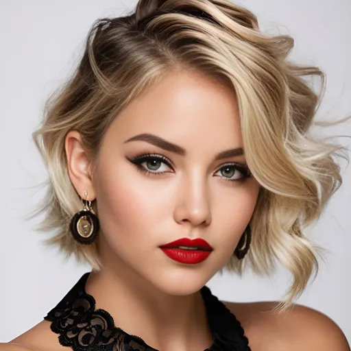 Prompt: hyper realistic, college girl, slightly tanned, short layered messy blonde-beige hair, bold black winged eyeliner, bold glossy red lipstick, huge hoop earrings, black lace collar, sensual, captivating looks, intricate facial details, ultra detailed realistic skin, detailed hair, buxom, white studio background