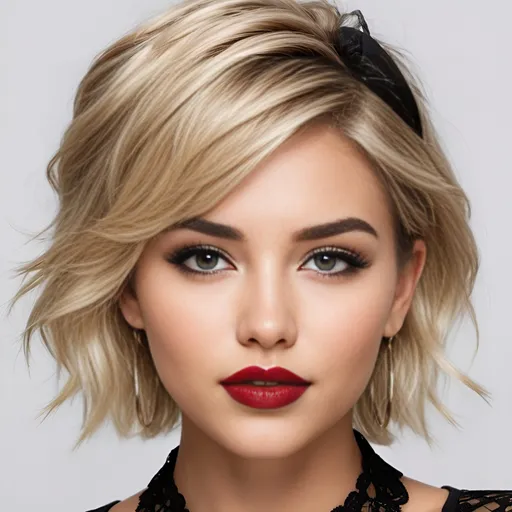 Prompt: hyper realistic, college girl, slightly tanned, short layered messy blonde-beige hair, bold black winged eyeliner, bold glossy red lipstick, huge hoop earrings, black lace collar, sensual, captivating looks, intricate facial details, ultra detailed realistic skin, detailed hair, buxom, white studio background