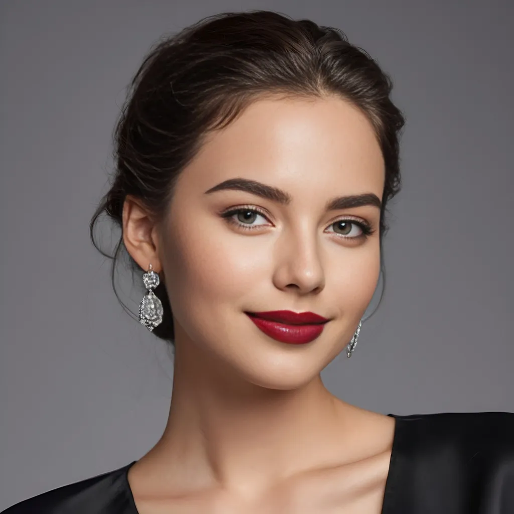 Prompt: hyper-realistic photo of a beautiful 22 year old girl with medium long wavy glossy brunette hair, subtle black winged eyeliner, minimal makeup, glossy lipstick, extra large earrings. warm smile, advertising style, sensual, captivating looks.