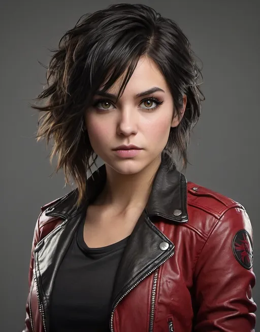 Prompt: 1woman, (((messy very wild angular edgy teased ratty slightly curly asymmetrical hair style))), (((mixed blonde and black hair color))), Swedish, mid 20s, large busom, (((wearing red leggings))), (((tight leather jacket))), ((very detailed face)), ((very detailed and realistic eyes)), beautiful symmetric face, (mixed brown and green colored eyes), very full big lips, beautiful classic makeup, smiling mouth open, full lips, (detailed lips), realistic eyebrows, stunning, sultry, gorgeous, ((exotic)), pretty, extraordinary feminine, natural vibrant colors, confident, intriguing, captivating, giant statement earrings, necklaces, bracelets, jewelry, warm smile with teeth, advertising style, professional lighting, realistic colors, photorealism, full-body character design, high detail, realistic, posing, standing, (((award winning photo, professional realistic lighting, bokeh, UHD, 8k))), (((full view)))