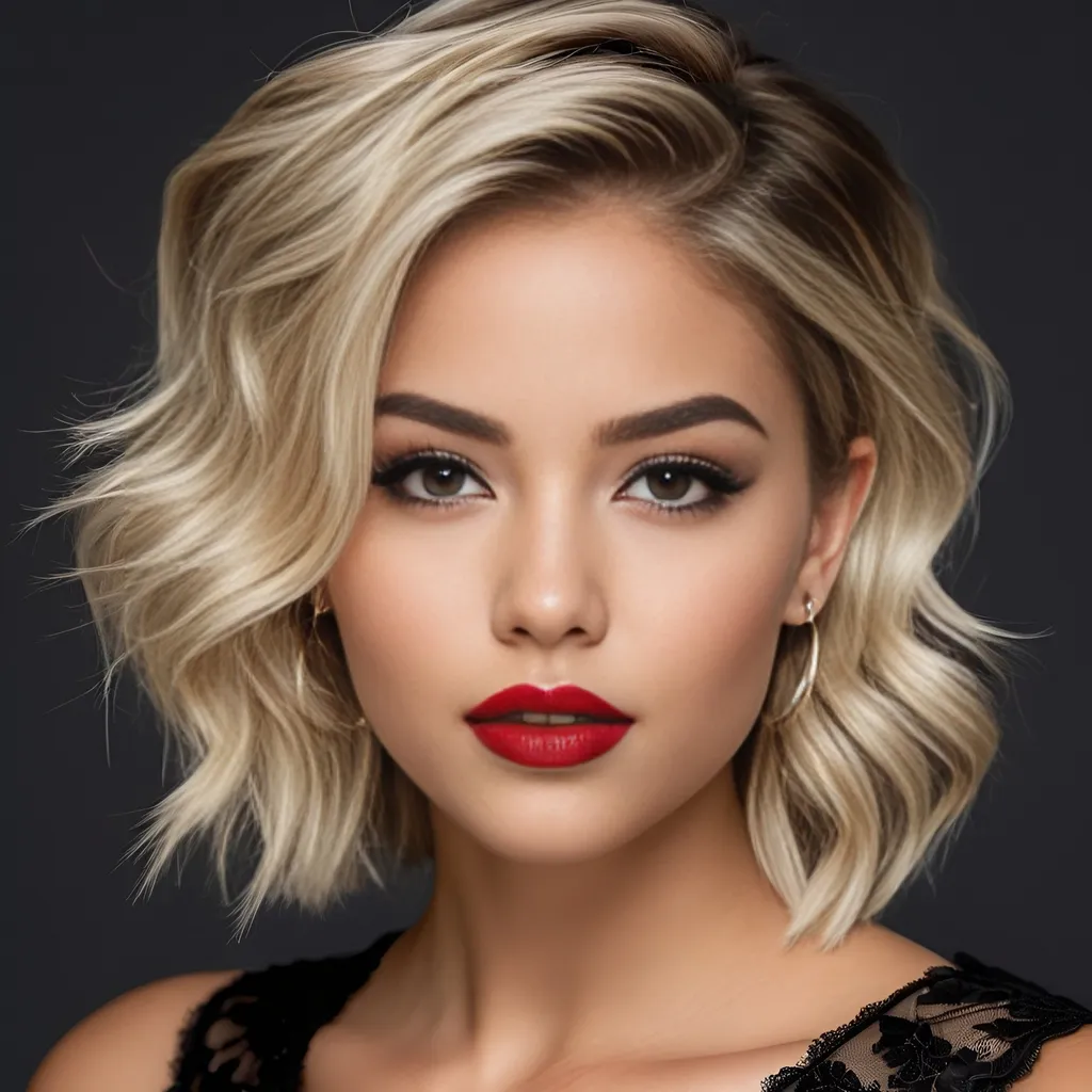 Prompt: hyper realistic, college girl, slightly tanned, short layered messy blonde-beige hair, bold black winged eyeliner, bold glossy red lipstick, huge hoop earrings, black lace collar, sensual, captivating looks, intricate facial details, ultra detailed realistic skin, detailed hair, buxom, white studio background