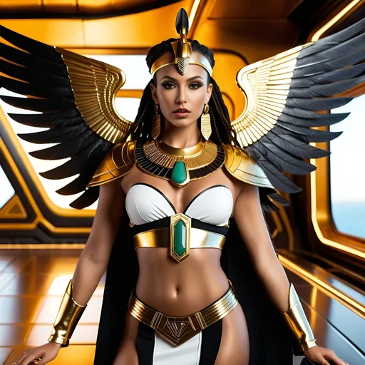 Prompt: Female rogue trader Egyptian goddess style, standing on the battle-bridge of a sci-fi future space cruiser battleship.
Long black-brown dreadlock hairstyle, wide deep brown eyes, bold long eyelashes, bold black Egyptian style winged eyeliner, Egyptian style makeup, warm glossy full lips, Greek style nose, large golden tribal earrings and ornaments. Intense regal like expression, confident yet graceful. Feminine sensual captivating looks.
Wearing an Egyptian goddess like gold-white-jade outfit. Gold plated warrior like brown leather sandals.
Elegant yet athletic body type, warm amber colored skin complexion. Revealing extra large cleavage, buxom.
Professional lighting, realistic colors, photo-realistic, hyper-realistic, full-body character design, high detail, UHD, 8k, realistic.
Posing, standing (full view))