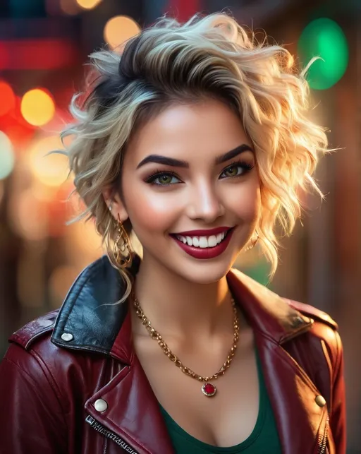 Prompt: 1woman, (((messy very wild angular edgy teased ratty slightly curly asymmetrical hair style))), (((mixed blonde and black hair color))), Swedish, mid 20s, large busom, (((wearing red leggings))), (((tight leather jacket))), ((very detailed face)), ((very detailed and realistic eyes)), beautiful symmetric face, (mixed brown and green colored eyes), very full big lips, beautiful classic makeup, smiling mouth open, full lips, (detailed lips), realistic eyebrows, stunning, sultry, gorgeous, ((exotic)), pretty, extraordinary feminine, natural vibrant colors, confident, intriguing, captivating, giant statement earrings, necklaces, bracelets, jewelry, warm smile with teeth, advertising style, professional lighting, realistic colors, photorealism, full-body character design, high detail, realistic, posing, standing, (((award winning photo, professional realistic lighting, bokeh, UHD, 8k))), (((full view)))