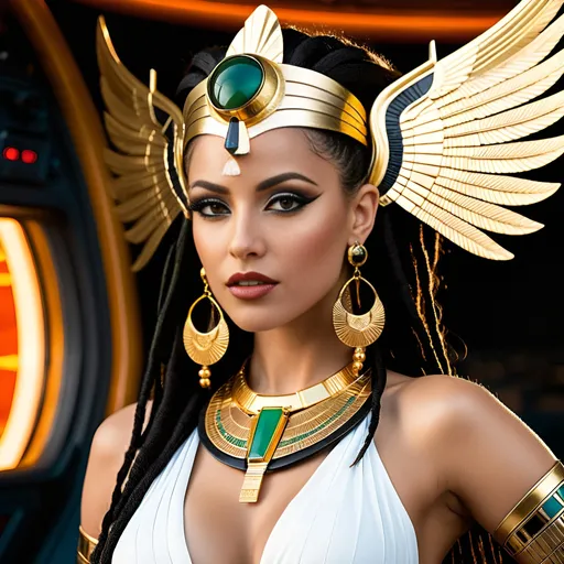 Prompt: Female rogue trader Egyptian goddess style, standing on the battle-bridge of a sci-fi future space cruiser battleship.
Long black-brown dreadlock hairstyle, wide deep brown eyes, bold long eyelashes, bold black Egyptian style winged eyeliner, Egyptian style makeup, warm glossy full lips, greek style nose, large golden tribal earrings and ornaments. Intense regal like expression, confident yet graceful.
Wearing an Egyptian goddess like gold-white-jade outfit.