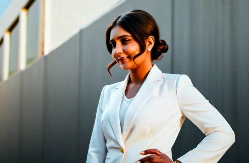 Prompt: Smiling lady looking into the camera with a smile with brown eyes, elegant poisture in a white-colored suit, outdoor background, wealthy,  short hair tied in a bun, professional business attire, outdoor portrait, light colors, sophisticated golden hour lighting. 