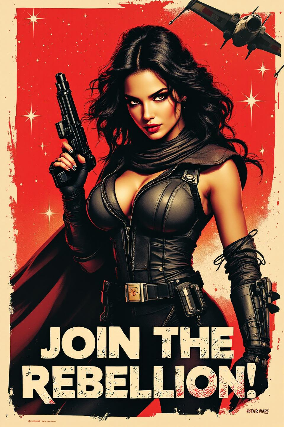Prompt: A Star Wars propaganda poster style, a curvy seductive woman in a rebel pilot outfit holding a blaster pistol, "Join the Rebellion!", x-wing, star burst