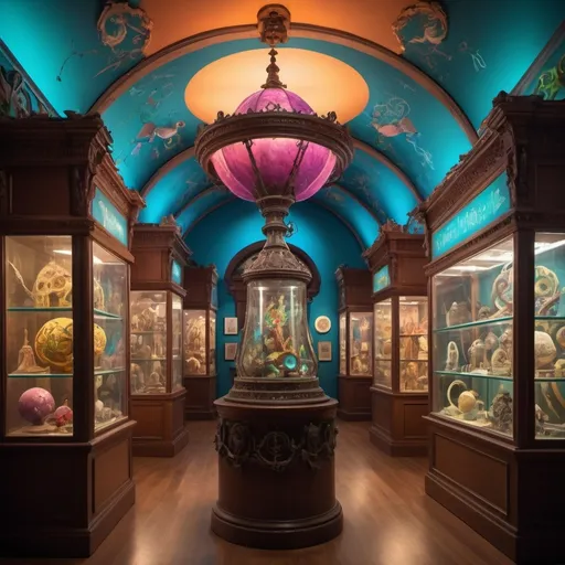 Prompt: Whimsical museum exhibit filled with magical artifacts, vibrant colors, detailed illustrations, high quality, fantasy, whimsical, historical, magical, colorful lighting, detailed, enchanting, professional, vibrant, museum, fantasy style, mystical ambiance, ornate details