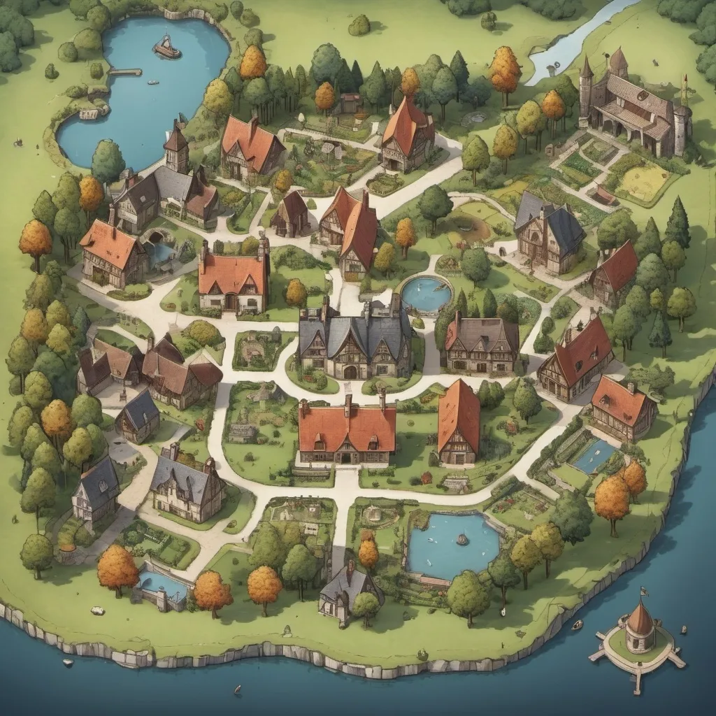 Prompt: A 2d top down map of a village with a village square, a museum, a tavern, cottages, a forest to the North, botanical gardens to the south, a large lake on the eastern edge, a large manor house with gardens and fields, and a small grove of trees to the East