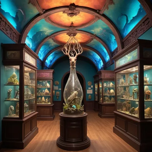 Prompt: Whimsical museum filled with magical artifacts, preserved specimens, display cases, historical exhibits, vibrant colors, detailed illustrations, high quality, fantasy, whimsical, historical, magical, colorful lighting, detailed, enchanting, professional, vibrant, museum, fantasy style, mystical ambiance, ornate details